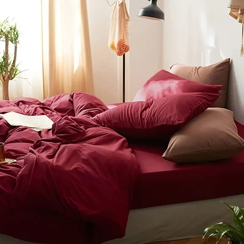 Cotton Reversible Duvet Cover Set - Wine Red & Brown image 0