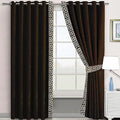 DARK BROWN & WHITE SIDE BORDER VELVET CURTAINS - SET OF 2 PANELS image 0