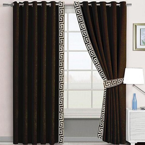 DARK BROWN & WHITE SIDE BORDER VELVET CURTAINS - SET OF 2 PANELS image 0