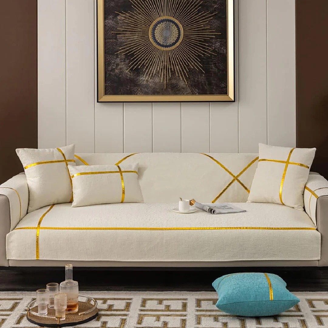 Velvet Sofa Runner with Cushion Covers Off White image 0