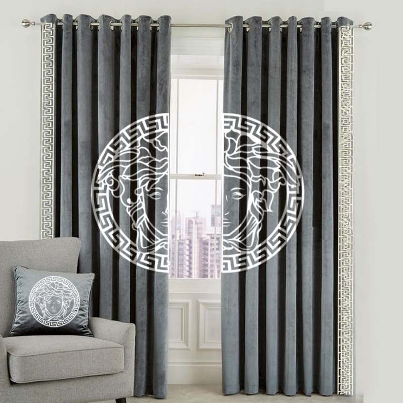 LIGHT GREY & OFF WHITE VERSACE DESIGN VELVET CURTAINS - SET OF 2 PANELS image 0
