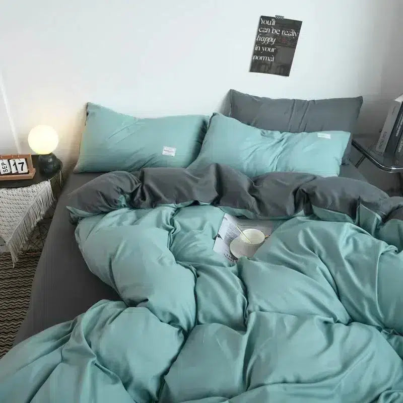 Cotton Reversible Duvet Cover Set - Aqua Blue & Grey image 0