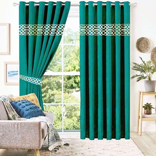 Luxury Velvet Curtains Front Border - Turquoise And Off White image 0