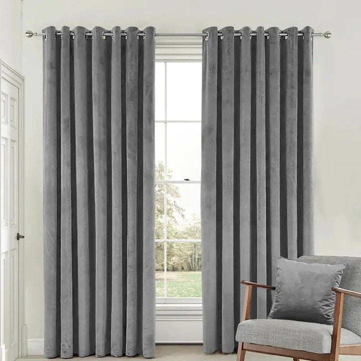 LIGHT GREY PLAIN SOLID VELVET CURTAINS - SET OF 2 PANELS image 0