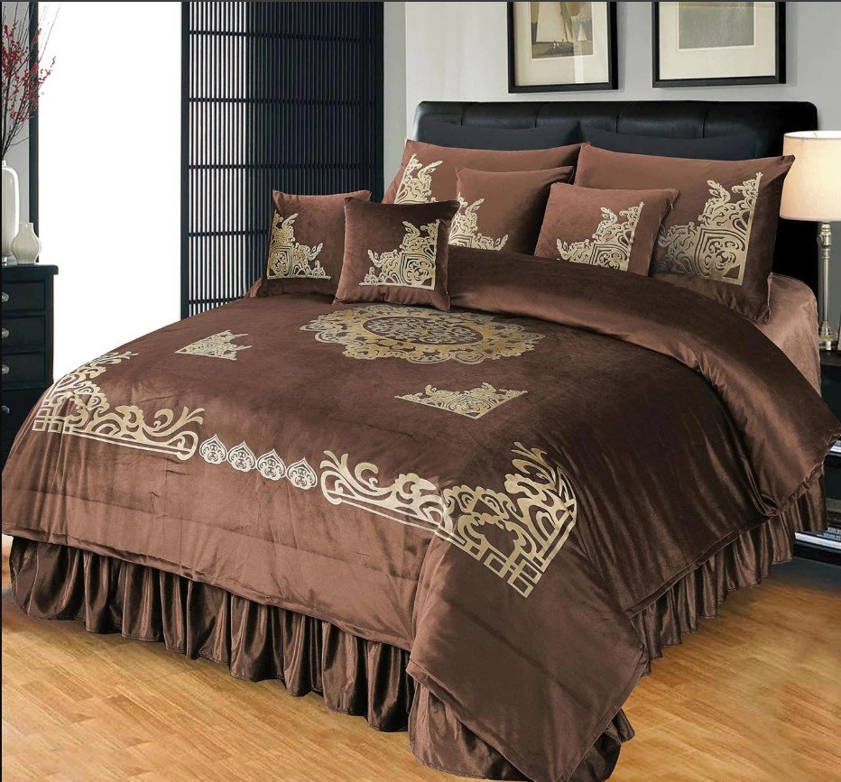 Luxury Embossed Velvet Bridal Bed Set Brown ( 9 PCS ) image 0