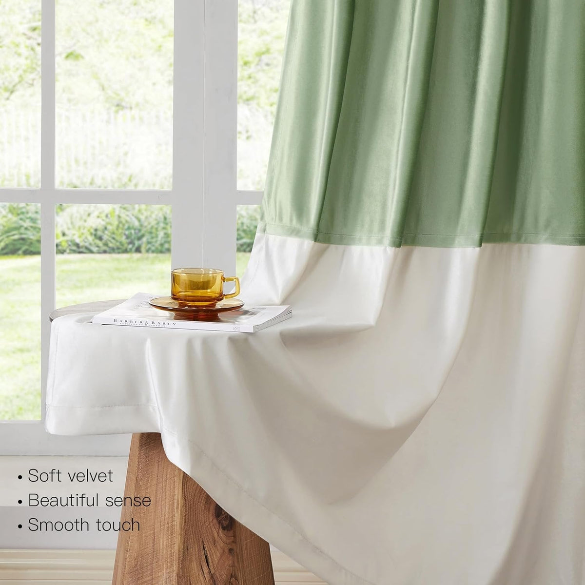 Premium Velvet Blackout Curtains Sage Green & Cream ( 2 Curtains Set ) image 1