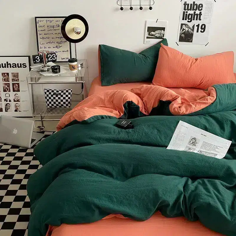 Cotton Reversible Duvet Cover Set - Bottle Green & Tangrine image 0