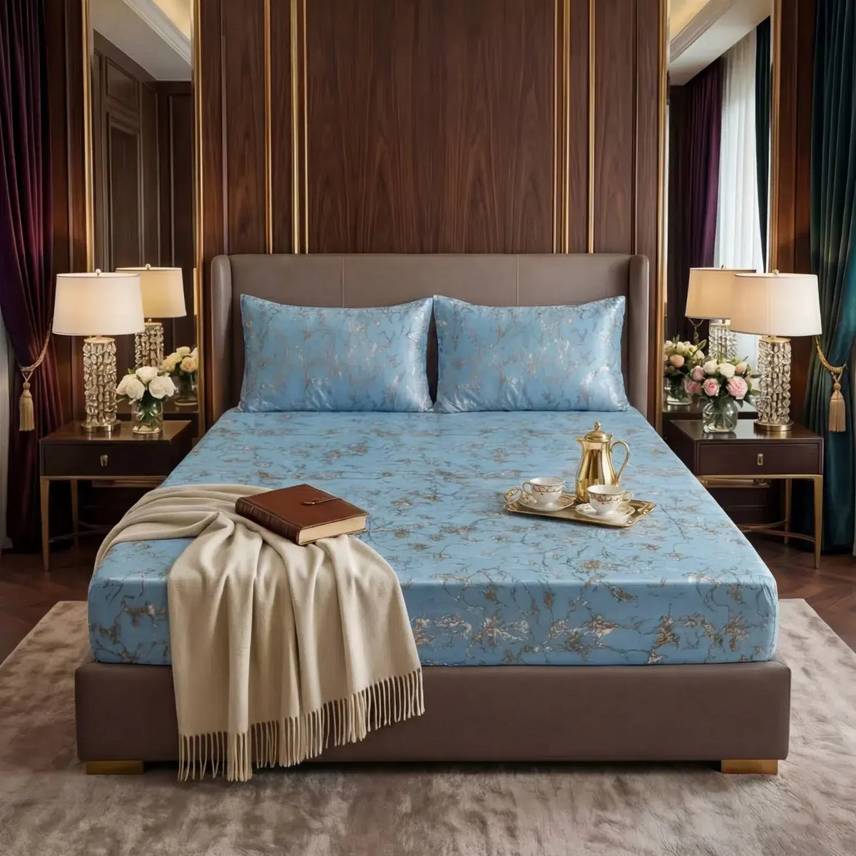 Premium Texture Velvet Fitted Bed Sheet Sky Blue image 0