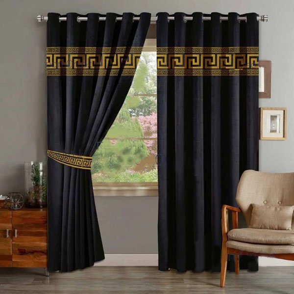 Luxury Velvet Curtains Front Versace Border - Black And Golden image 0