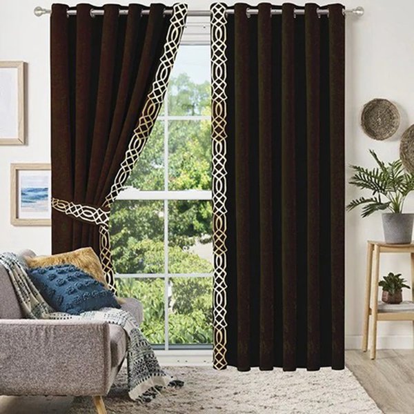 DARK BROWN & WHITE SIDE BORDER VELVET CURTAINS - SET OF 2 PANELS image 0