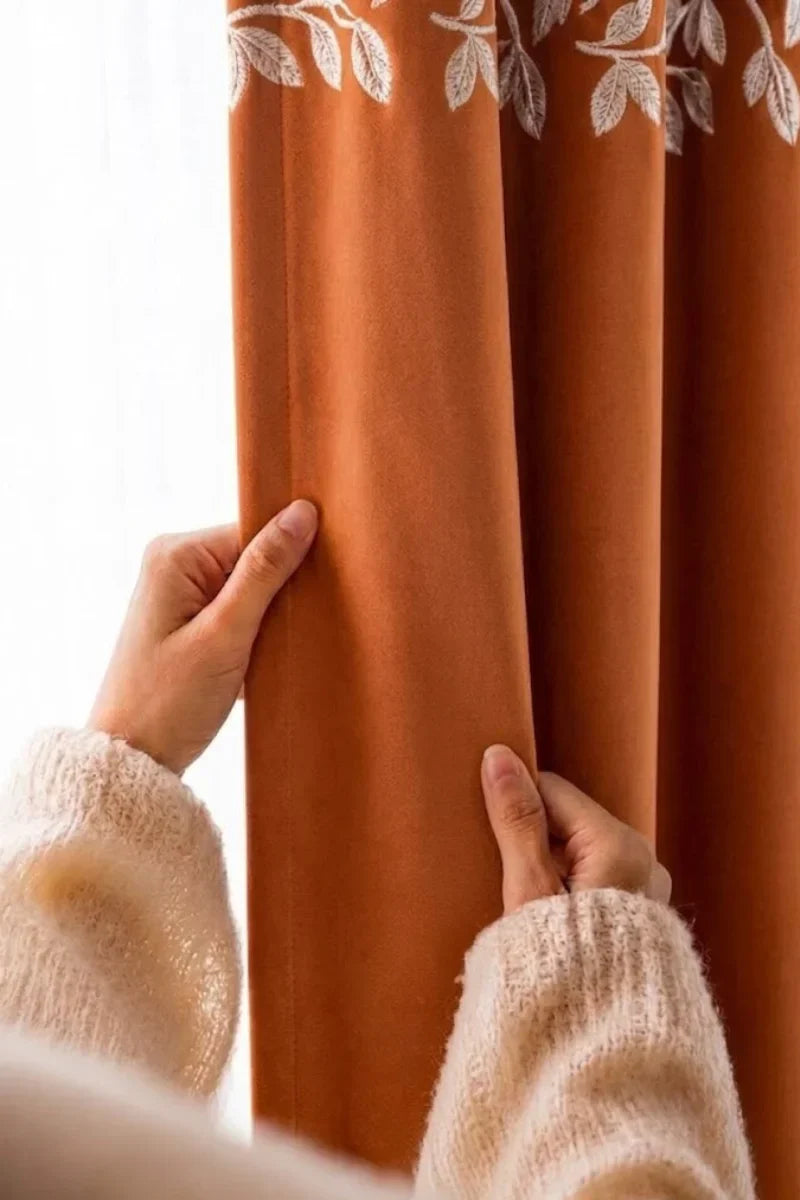 RUST ORANGE FLORAL VINE VELVET CURTAINS - SET OF 2 PANELS image 1