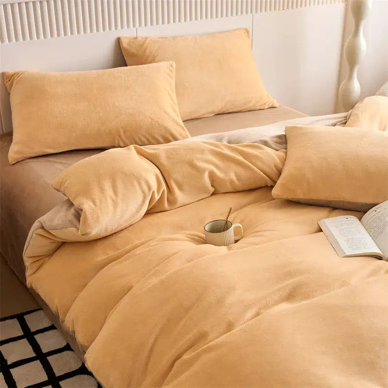 Velvet Reversible Duvet Cover Set - Golden & Beige image 1