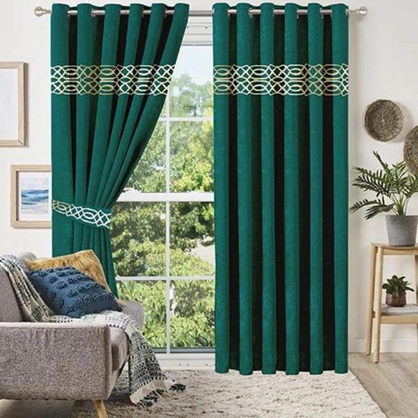 Luxury Velvet Curtains Front Border - Green And Off White image 0
