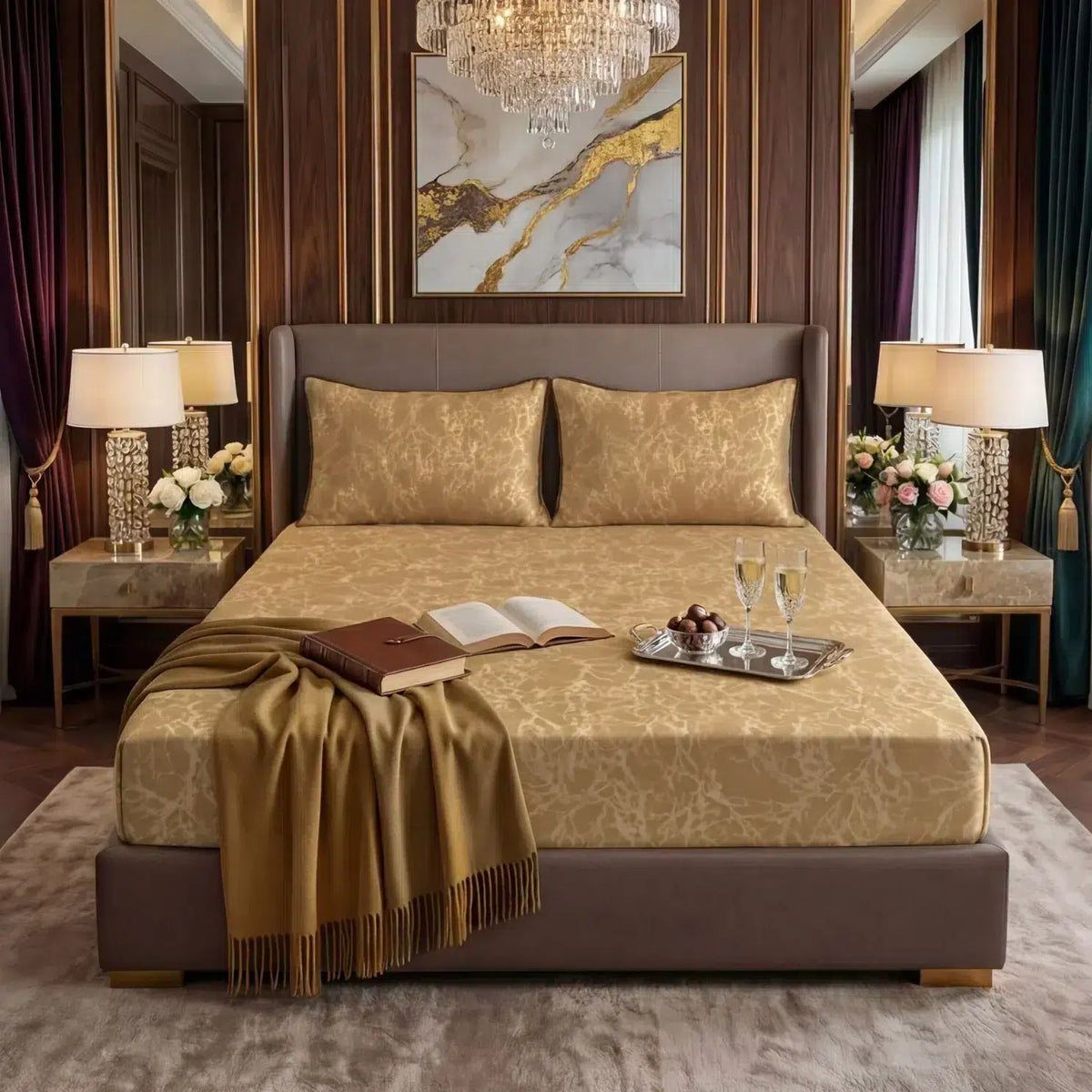 Premium Texture Velvet Fitted Bed Sheet Golden image 0