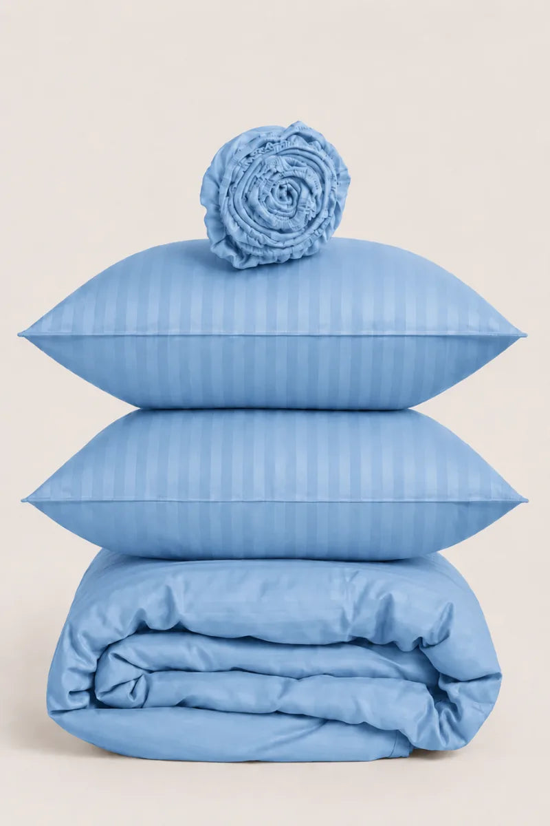 SKY BLUE SATIN STRIPE DUVET COVER SET - 6PCS image 1