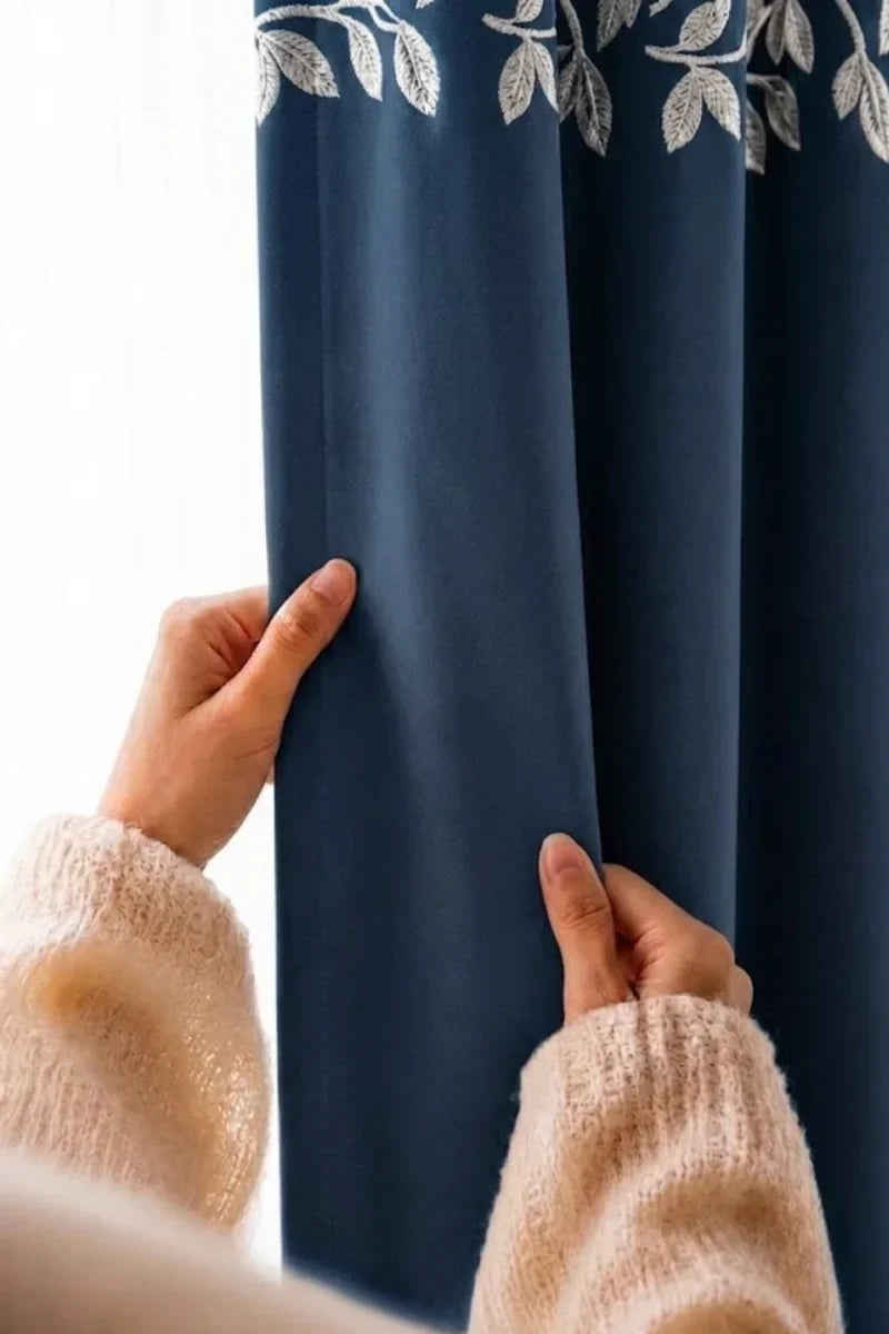 NAVY BLUE FLORAL VINE VELVET CURTAINS - SET OF 2 PANELS image 1
