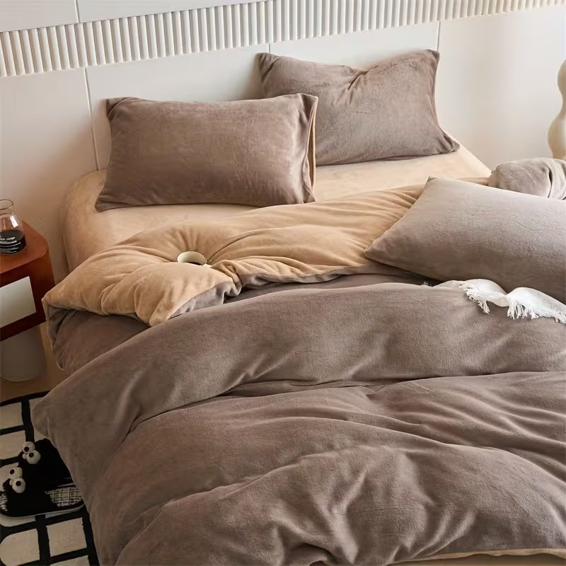 Velvet Reversible Duvet Cover Set - Mocha Brown & Beige image 1