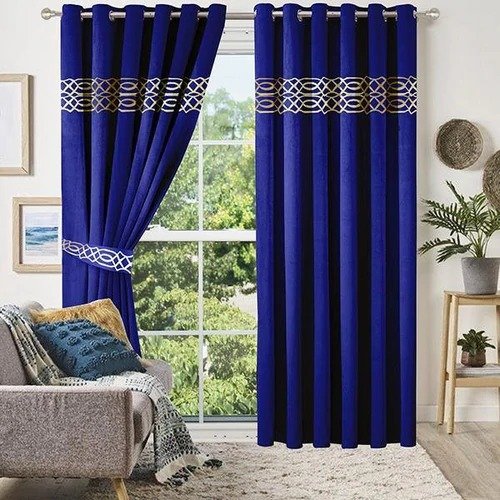 Luxury Velvet Curtains Front Border - Royal Blue And Off White image 0