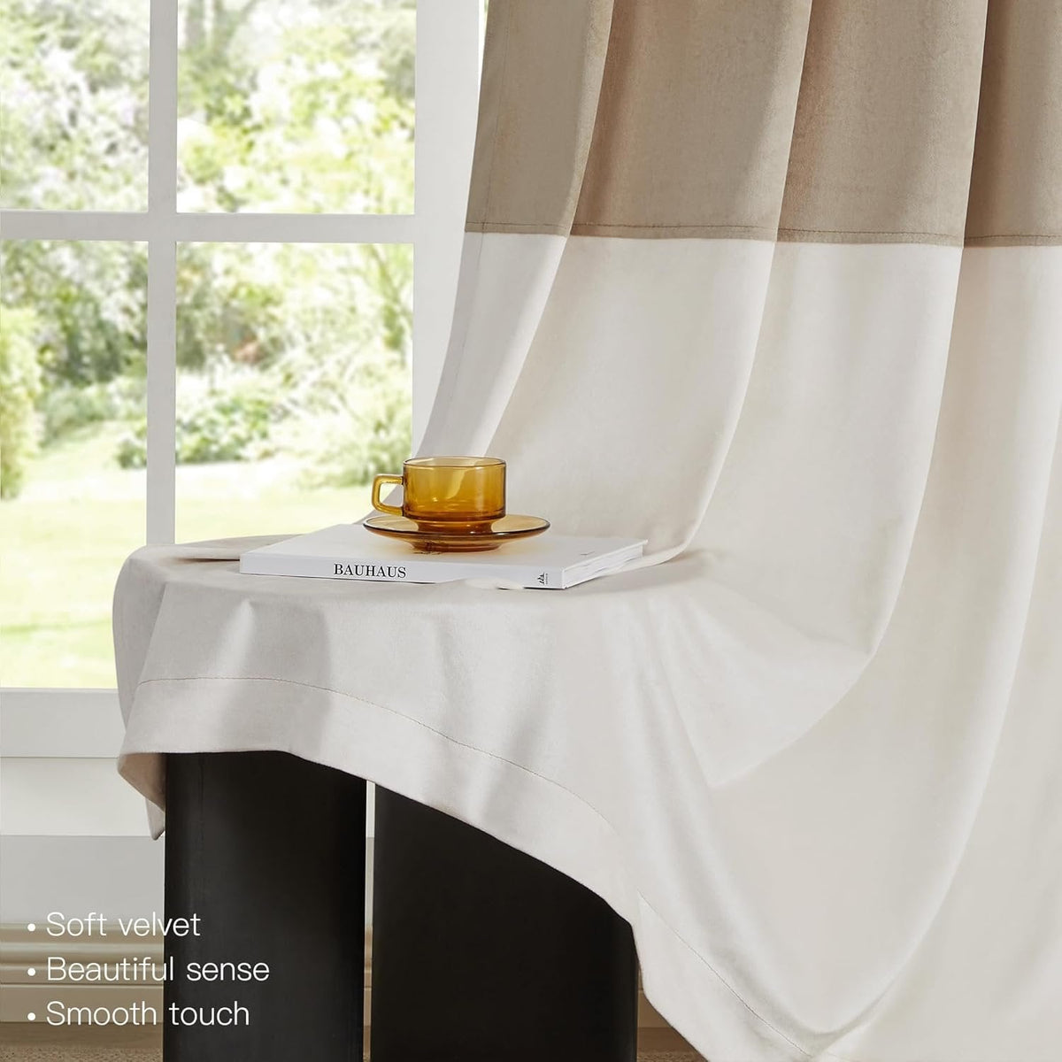 Premium Velvet Blackout Curtains Champagne & Cream ( 2 Curtains Set ) image 1