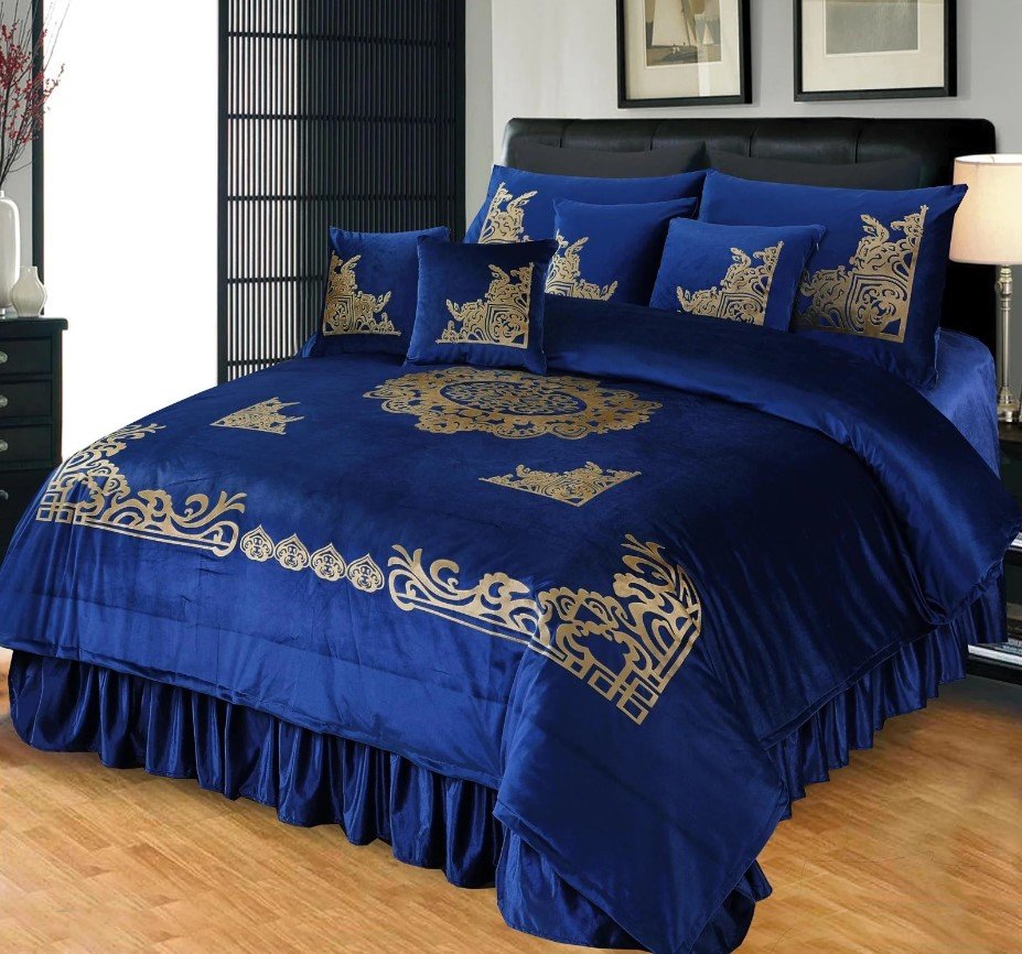 Luxury Embossed Velvet Bridal Bed Set Navy Blue ( 9 PCS ) image 0