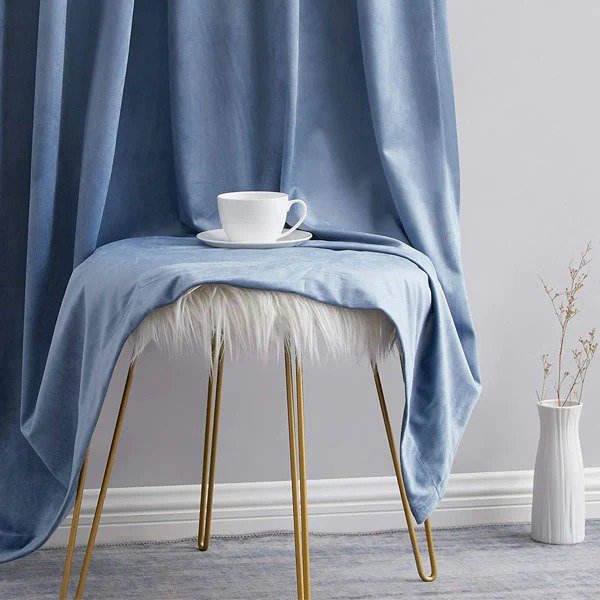 STONE BLUE PLAIN SOLID VELVET CURTAINS - SET OF 2 PANELS image 1