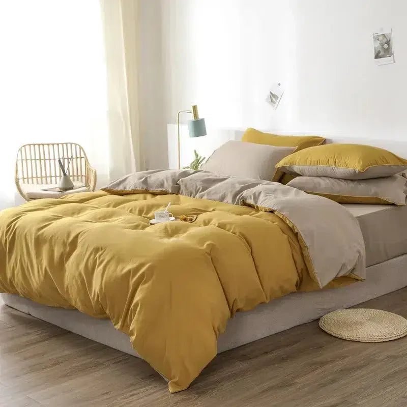 Cotton Reversible Duvet Cover Set - Yellow & Beige image 0
