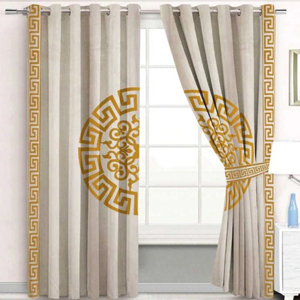 BEIGE & GOLDEN SPLENDID GREEK VELVET CURTAINS - SET OF 2 PANELS image 0