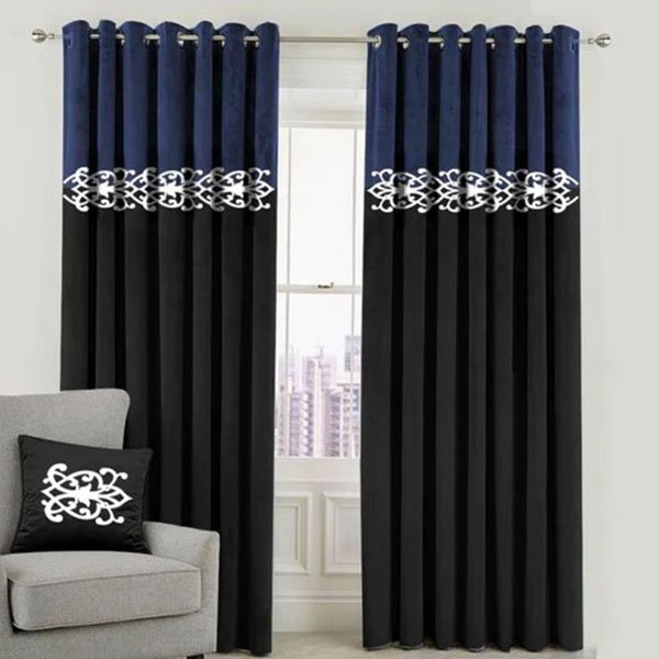 BLUE & BLACK DOUBLE TONE VELVET CURTAINS - SET OF 2 PANELS image 0