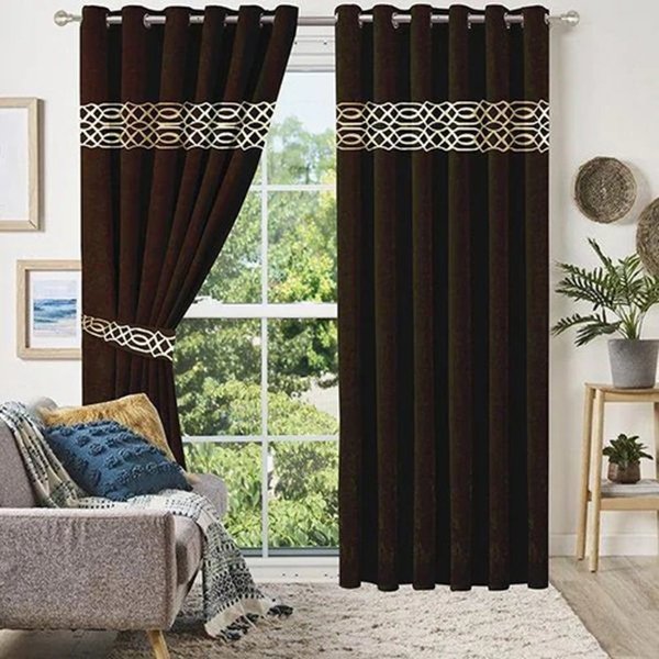 Luxury Velvet Curtains Front Border - Brown And Off White image 0