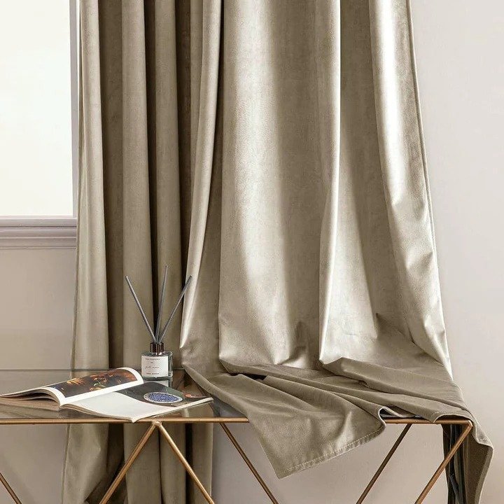 BEIGE PLAIN SOLID VELVET CURTAINS - SET OF 2 PANELS image 2