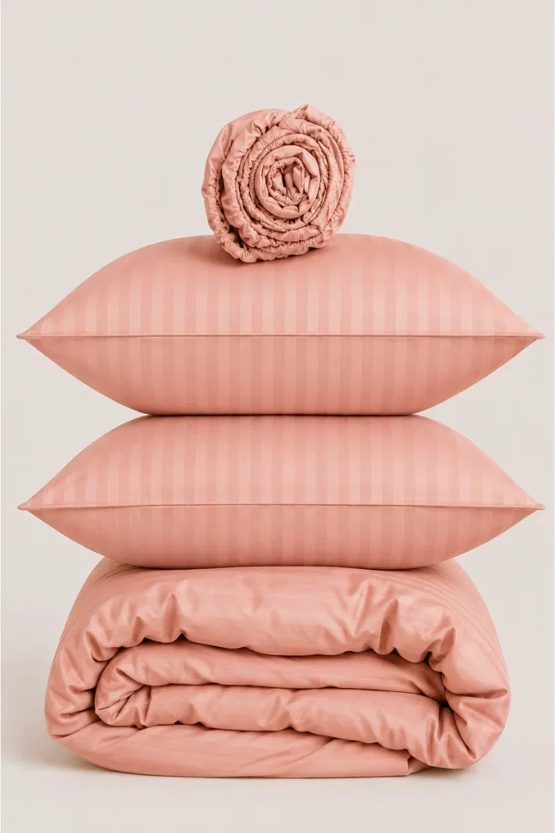 CORAL PINK SATIN STRIPE DUVET COVER SET - 6PCS image 1