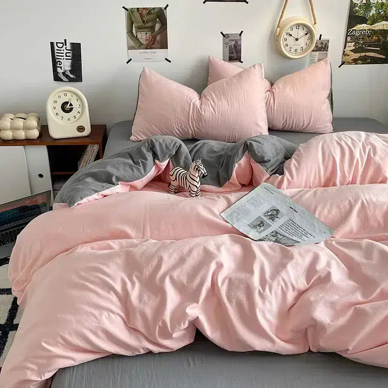 Cotton Reversible Duvet Cover Set - Peach Pink & Grey image 0