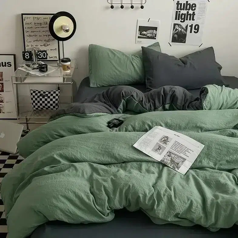 Cotton Reversible Duvet Cover Set - Bamboo Green & Black image 0