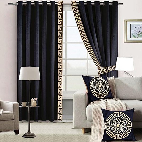 BLACK & SKIN SIDE BORDER VELVET CURTAINS - SET OF 2 PANELS image 0