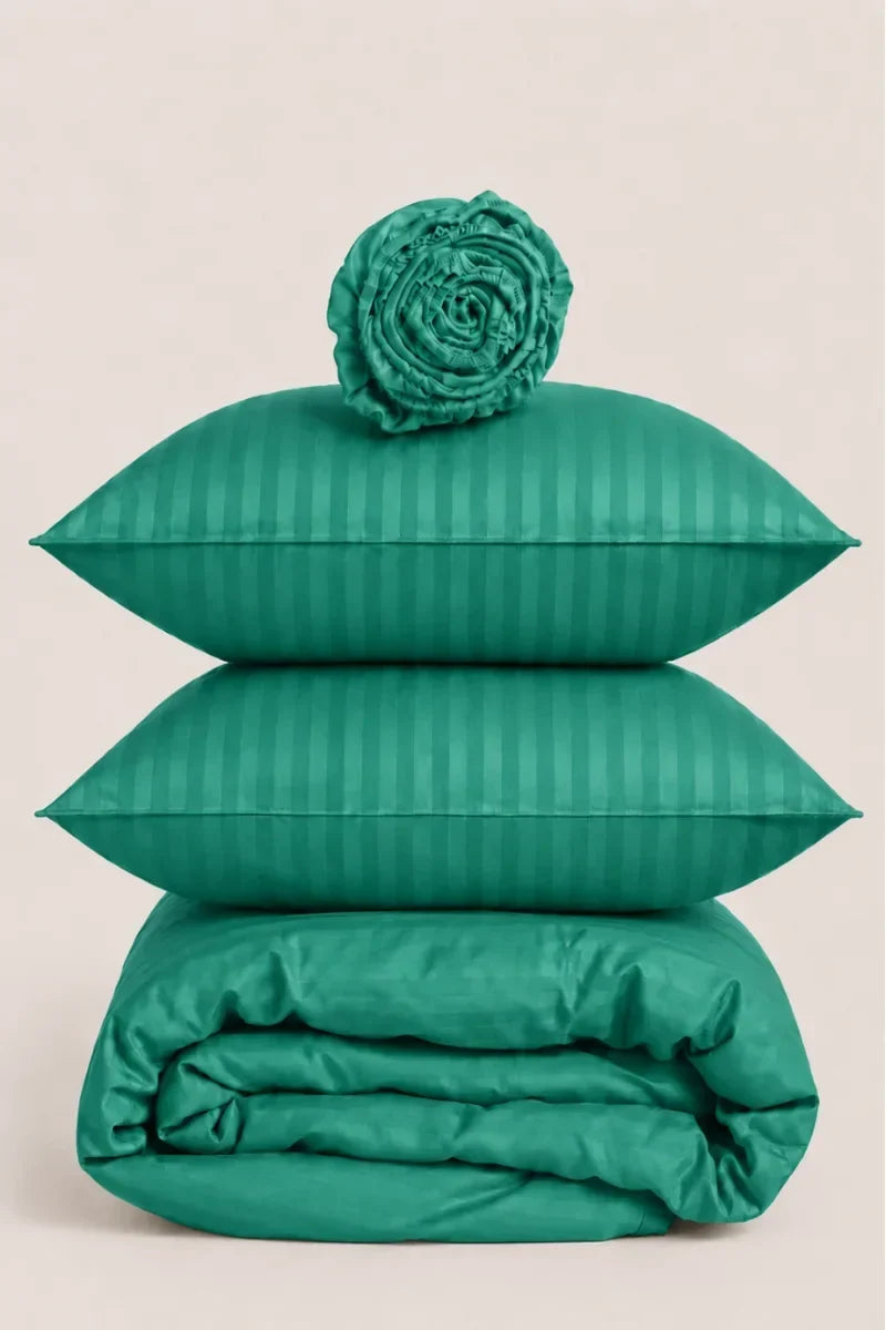 TEAL GREEN SATIN STRIPE DUVET COVER SET - 6PCS image 1