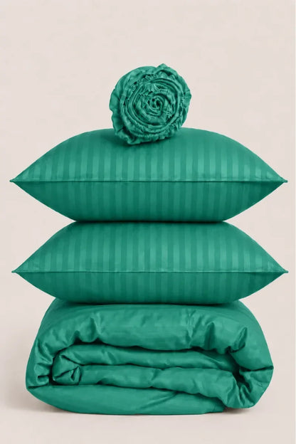 TEAL GREEN SATIN STRIPE DUVET COVER SET - 6PCS image 1
