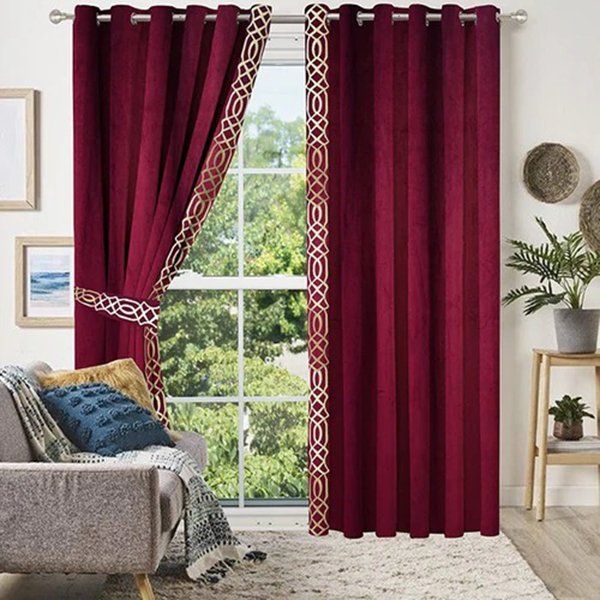 MAROON & WHITE SIDE BORDER VELVET CURTAINS - SET OF 2 PANELS image 0