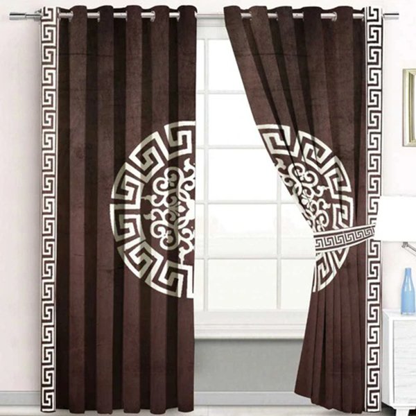 BROWN & WHITE SPLENDID GREEK VELVET CURTAINS - SET OF 2 PANELS image 0