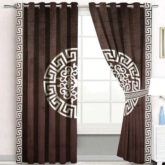 BROWN & WHITE SPLENDID GREEK VELVET CURTAINS - SET OF 2 PANELS image 0