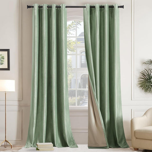 Premium Velvet Blackout Curtains Sage Green ( 2 Curtains Set ) image 0