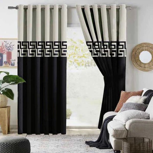 OFF WHITE & BLACK DOUBLE TONE VELVET CURTAINS - SET OF 2 PANELS image 0