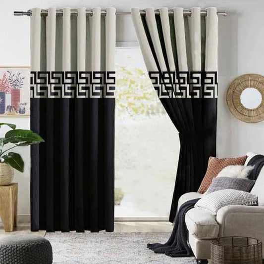 OFF WHITE & BLACK DOUBLE TONE VELVET CURTAINS - SET OF 2 PANELS image 0