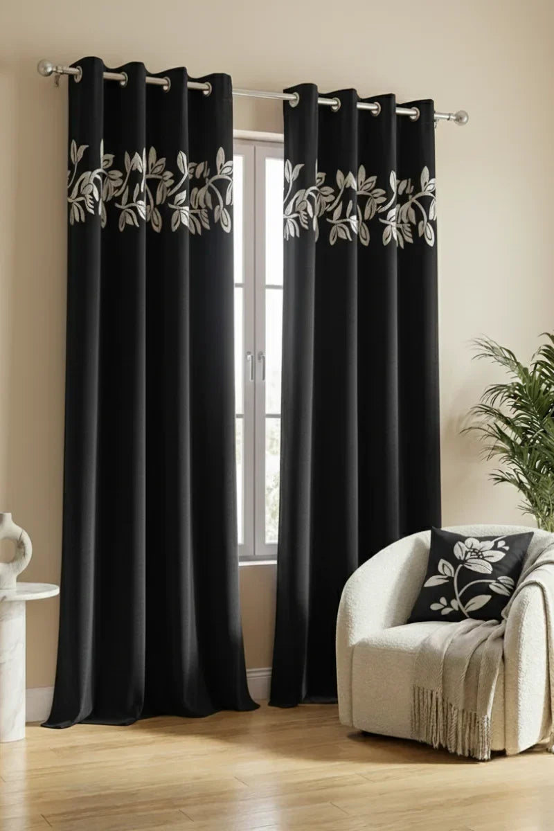 BLACK FLORAL VINE VELVET CURTAINS - SET OF 2 PANELS image 0