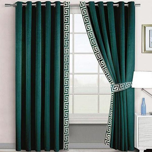 GREEN & WHITE SIDE BORDER VELVET CURTAINS - SET OF 2 PANELS image 0