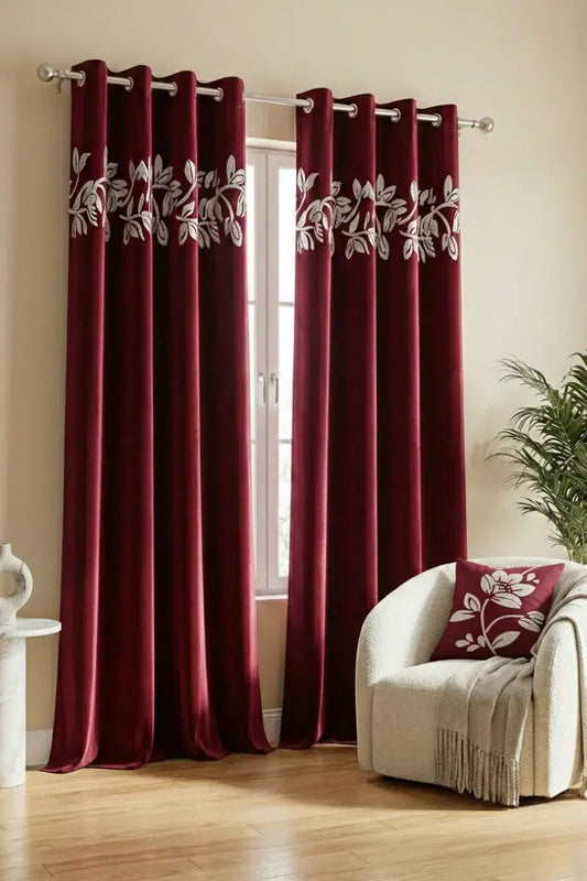 MAROON FLORAL VINE VELVET CURTAINS - SET OF 2 PANELS image 0