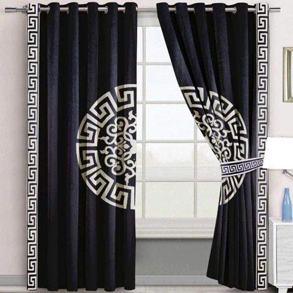 BLACK & WHITE SPLENDID GREEK VELVET CURTAINS - SET OF 2 PANELS image 0