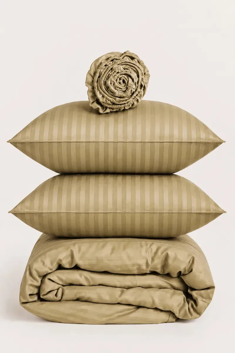 KHAKI SATIN STRIPE DUVET COVER SET - 6PCS image 1