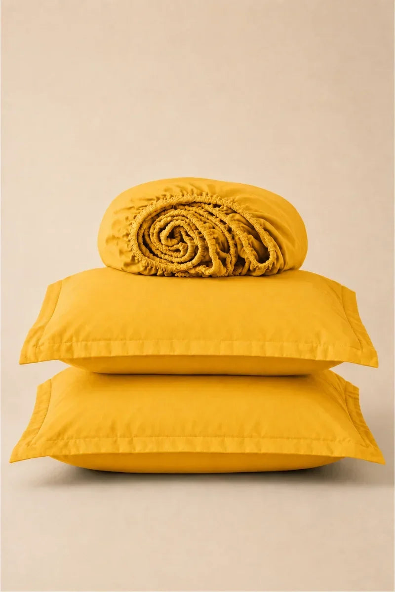 MUSTARD YELLOW SOLID COTTON FITTED BEDSHEET - 3PCS image 0