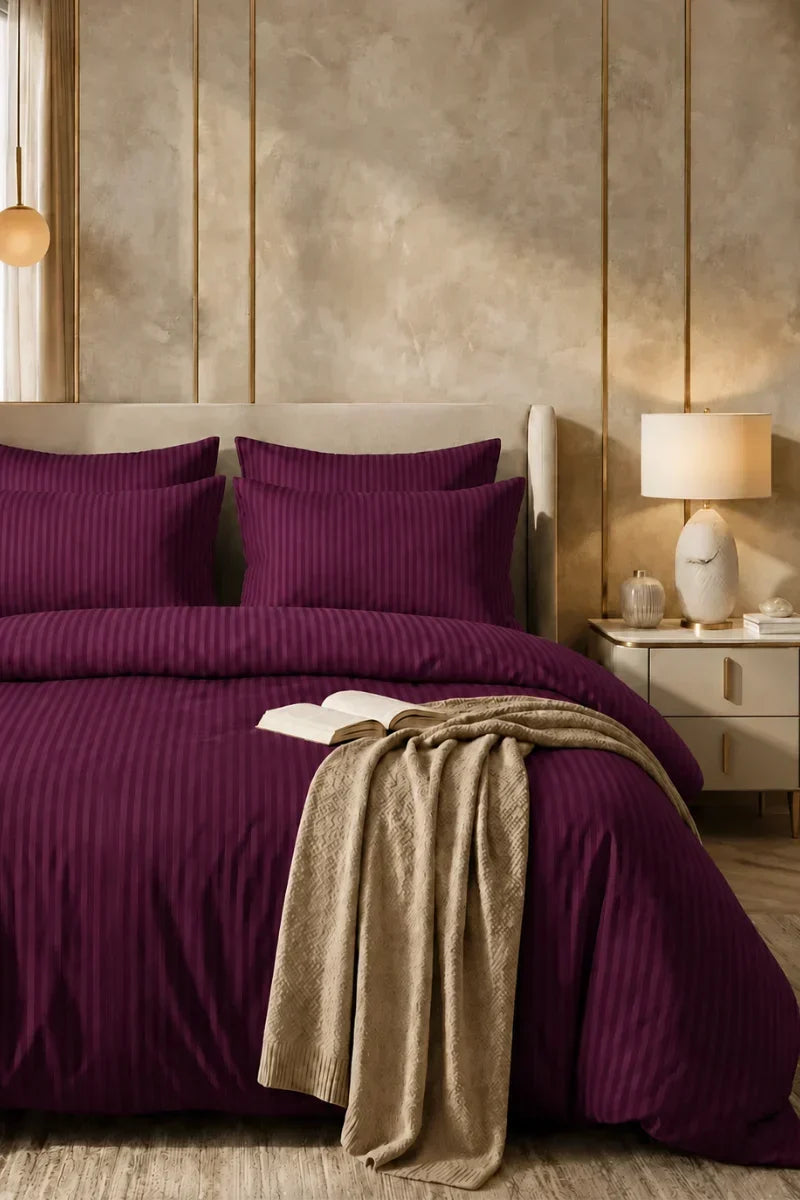 ROYAL PLUM SATIN STRIPE DUVET COVER SET - 6PCS image 0