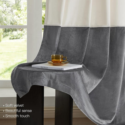Premium Velvet Blackout Curtains Cream & Grey ( 2 Curtains Set ) image 1